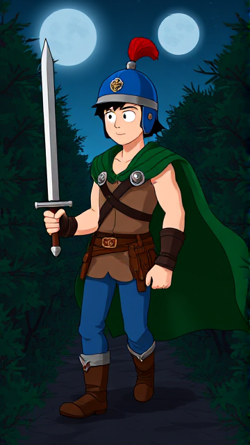 Dramatic Cartoon scene: Stan Marsh from South Park, light skin and black hair, but as a 14-Year Old teenager with a muscular torso, dressed as a medieval warrior, wearing a light brown tank top, a black belt with a red buckle adorned with a castle emblem with brown pouches and the scabbard for his enchanted sword attached to it, blue jeans, steel armored boots, jeweled wrist cuffs, a really big, heel-length long, ultra-wide green cape held up by two silver buttons with red jewels with a strong unbreakable wire connecting them both, and a blue helmet with buffalo emblems on both sides, outlined by silver steel rims going around and across the top, with a really long red feather sticking out at the top. He is now known as Sir Marsh. Despite still being a teenage kid, he is the Youngest Commander of the Zaronian Army, and one of the youngest and greatest heroes hailing from South Park, Colorado, but now reborn as the real life Kingdom of Kupa Keep, Zaron. With his signature enchanted sword, the Slashing Blade Of The Ranger, held tightly in his hand, the young teenage hero is currently walking through a dangerous bramble maze in the dark of the night as he searches for the way out. His cape billows majestically as he walks, and remembers to keep his guard up for anything that could attack him at any moment.