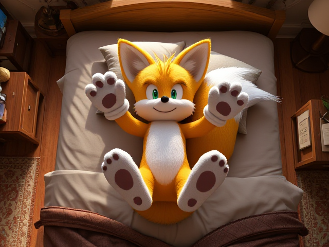 A highly detailed and realistic top-down shot of Miles Tails Prower, the two-tailed anthropomorphic fox from the Sonic the Hedgehog video game series, lying on his back on a bed in a well-decorated and lifelike bedroom with intricate textures. Tails is in a very adorable pose with his paws up in the air, showing the digital pads of his feet. The soft lighting highlights the fur details, surrounded by cozy elements like pillows and blankets. The scene features a rich color palette, visible wood grain furniture, and subtle background decorations such as framed pictures and ambient light sources. Tails is not wearing shoes or gloves, with extra prominent detail on his two tails