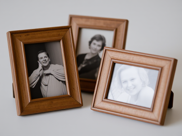 two or three small photo frames. The frames should contain black-and-white or sepia-toned pictures, and the frames themselves should look slightly aged—made of wood or metal with worn edges.