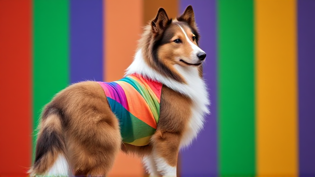 Rough collie wearing a colorful leotard, standing gracefully, focus on hips, in a vibrant setting