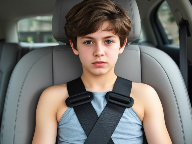 A feminine frustrated skinny teenage boy sitting in a back seat booster seat. restrained in a 5 point harness with red button buckle. Wavey brunette hair.