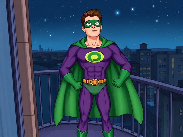 Cartoon scene: A young, Autistic 25-year old boy with light skin and flat, smooth, and slick brown hair named T.J. Granger, but transformed into a genetically-altered superhero named Powerman, who, despite still being a young adult kid, has an extremely muscular body. He wears a sleek purple suit with a green P symbol on his chest, a gold belt with a circular buckle, green briefs, green boots, green long-cuffed gloves, a really big, toe-length long, ultra-wide green cape wreathed around his neck, and a green eye mask that protects his true identity. He also has incredible and invincible superpowers flowing through his veins. In this scene, Powerman is currently standing on his bedroom balcony at night as he gazes up to the stars, wondering what his true destiny is.