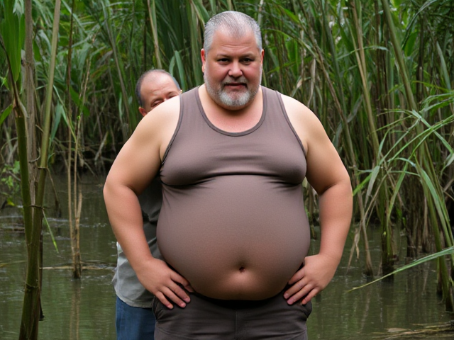 A broad and big man is wearing a tight, sleeveless shirt In a swampy jungle. The man’s shirt clings to his broad chest and arms, emphasizing his strong upper body. The shirt is pulled up slightly, revealing his plump belly, which protrudes softly. His belly button is small and a bit deep, sitting in the center of his rounded midsection. He pairs the shirt with rugged work pants, adding to his solid, hardworking look. His face, with short gray hair and a trimmed beard, has a confident yet relaxed expression, complementing his sturdy, laid-back appearance. An old smaller man side hugs the big man and rubs the big man’s belly