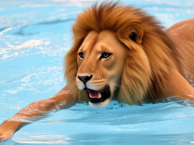 A anthropomorphic female lion synchronized swimmer