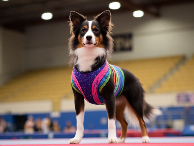 Australian Shepherd dog wearing a colorful gymnastics leotard, standing in an athletic pose, surrounded by a gymnastics arena