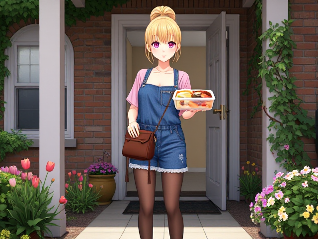 2D anime woman, with shimmering blonde high ponytail that catches the sunlight in golden strands, vibrant and expressive pink eyes that sparkle with emotion like glistening gemstones. She wears a loose, low-cut soft pink top made of delicate, semi-transparent chiffon fabric and denim skirt overalls featuring intricate stitching details and cute embroidered patterns. Her footwear includes stylish black and pink sneakers paired with sheer black stockings ending just below the skirt, emphasizing her slender legs, adorned with subtle floral lace motifs. Accessories: a brown hip purse with detailed leather textures and tassels, large hoop earrings that catch the light with their polished surface. Setting: standing at the open front door of a charming neighbor's house characterized by vintage architectural elements such as arched windows and ivy-covered brick walls; the well-manicured front yard behind her is filled with colorful flowers like tulips and daisies interspersed among lush greenery; she holds a clear pink Tupperware container filled with leftover food, its lid slightly ajar showing an assortment of appetizing dishes; her cheeks are flushed with a cute blush of embarrassment while she shyly smiles
