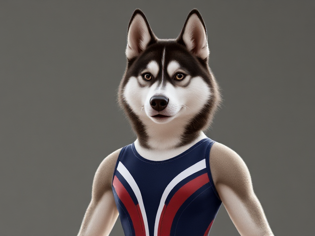 A anthropomorphic Siberian husky Olympic gymnast wearing a leotard
