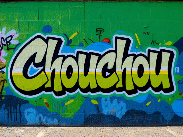 Graffiti dynamique et coloré avec le mot "Chouchou" sur un mur urbain,couleur verte et bleu en dégradé lumière naturelle éclatante, détails ultra-réalistes, textures riches, arrière-plan urbain animé, éléments de rue modernes, effet de profondeur