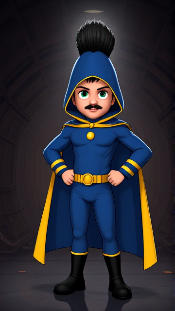 Dramatic Cartoon scene: A preteen 12-year old boy with light skin and freckles on his cheeks named Kyle Lipton, but transformed into a mysterious cosmic superhero named Dr. Dimensionpants, who, despite still being a kid, has an extremely muscular body. He wears a tight blue hood outlined by a yellow line that covers the back half of his head and leaves his ears exposed, with a smooth, slicked back black mohawk on top. He also wears a sleek blue bodysuit outlined with yellow lines on the cuffs of the sleeves and pants, a golden belt with a circular buckle, black boots, and a really big, heel-length long, ultra-wide blue cape with a really big collar outlined with yellow lines wreathed around his neck held up by a golden button. The pupils in his eyes are green, and he has a long black twin moustache, which help protect his true identity in this form. He also has incredible, invincible, and cosmic superpowers flowing through his veins. He is currently standing in a dark, abandoned space station in outer space, trying to figure out what's haunting it.