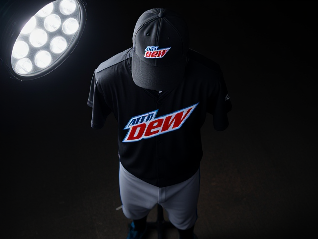 Create images of a black baseball hat with mountain dew voltage logo with a v neck athletic shirt with Mountain dew voltage logo grey baseball pants with blue and black piping with black socks and blue cleats on a mannequin