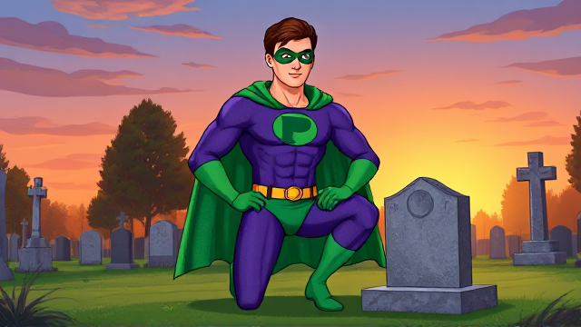 Modern Cartoon scene: A young, Autistic 25-year old boy with light skin and flat, smooth, and slick brown hair named T.J. Granger, but transformed into a genetically-altered superhero named Powerman, who, despite still being a young adult kid, has an extremely muscular body. He wears a sleek purple suit with a green P symbol on his chest, a gold belt with a circular buckle, green briefs, green boots, green long-cuffed gloves, a really big, toe-length long, ultra-wide green cape wreathed around his neck, and a green eye mask that protects his true identity. He also has incredible and invincible superpowers flowing through his veins. In this scene, Powerman is currently kneeling down on one knee in a graveyard at sunset, visiting the grave of his deceased grandmother, paying his respects and wishing that she could have seen the superhero he has become.