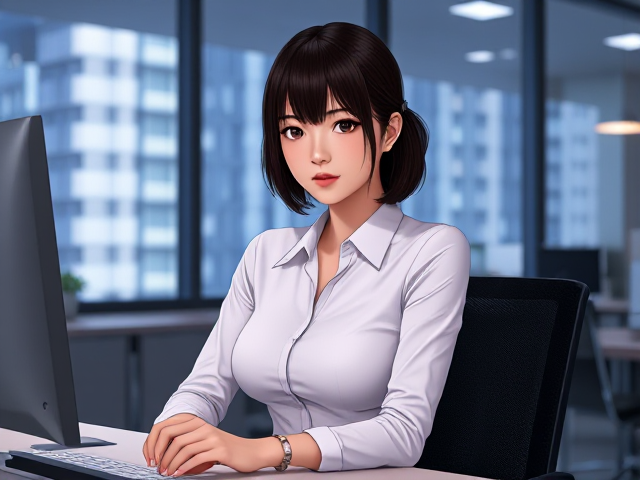 Office girl wearing a fitted white shirt, sitting at a modern desk, soft natural lighting, focused and professional expression, minimalistic office background, cleavae