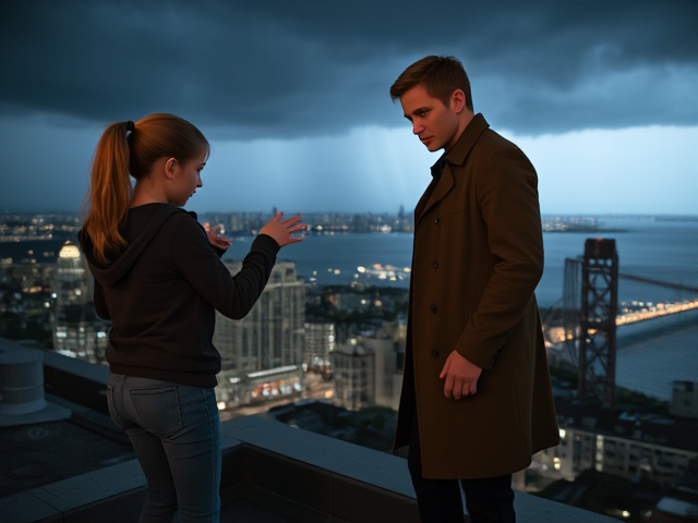 A petite 13-year-old girl with strawberry blonde hair in a ponytail, wearing a hooded pullover and jeans, is standing on the roof ledge of a night club. Next to her on the roof, standing nearby is a modern-day, pale skinned vampire in his late twenties, with blonde hair, dressed in a brown trench coat and jeans. He appears uneasy as he looks at her, holding his hands out and taking a step back. The girl gestures angrily at him, flailing her arms and scowling at him in frustration. A thunderstorm approaches the cityscape from the sea shore. Set at night.