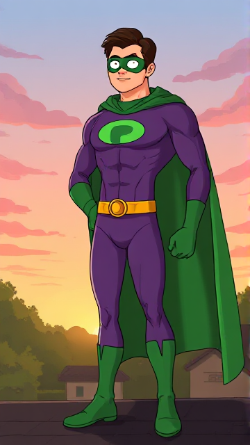 Dramatic Cartoon scene: A young, Autistic 25-year old boy with light skin and flat, smooth, and slick brown hair with a singular curled bang in the shape of a P sticking out at the front named T.J. Granger, but transformed into a genetically-altered superhero named Powerman, who, despite still being a young adult kid, has an extremely muscular body. He wears a sleek purple bodysuit with a green P symbol on his chest, a golden belt with a circular buckle, green briefs, green boots, green long-cuffed gloves, a really big, toe-length long, ultra-wide green cape wreathed around his neck, and a green eye mask that protects his true identity and also causes his pupils to magically disappear as his eyes glow an eerie white. He also has incredible and invincible superpowers flowing through his veins. In this scene, Powerman is currently standing on the roof of his house in the morning, ready for action.