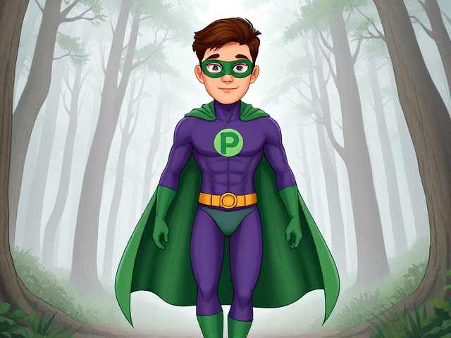 Cartoon scene: A young, Autistic 25-year old boy with light skin and flat, smooth, and slick brown hair named T.J. Granger, but transformed into a genetically-altered superhero named Powerman, who, despite still being a young adult kid, has an extremely muscular body. He wears a sleek purple suit with a green P symbol on his chest, a gold belt with a circular buckle, green briefs, green boots, green long-cuffed gloves, a really big, heel-length long, ultra-wide green cape wreathed around his neck, and a green eye mask that protects his true identity. He also has incredible and invincible superpowers flowing through his veins. In this scene, Powerman is currently walking through a foggy forest, searching for a lost citizen to rescue.