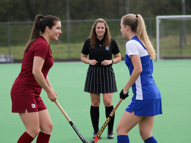 confident, grinning thirty-something beautiful women’s field hockey player in a burgundy outfit with knee high socks faces off against a confident, grinning thirty-something beautiful women’s field hockey player in a blue and white outfit with knee high socks while a beautiful forty-something long haired brunette female referee in a black shirt, black and white striped skirt and black thigh highs approvingly looks on