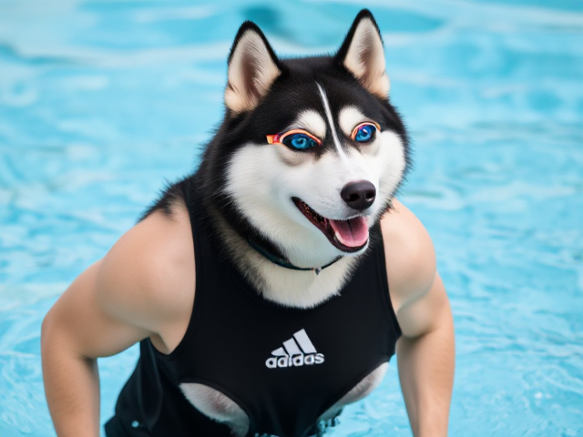 A anthropomorphic Siberian husky wearing an adidas swimsuit and swimming goggles