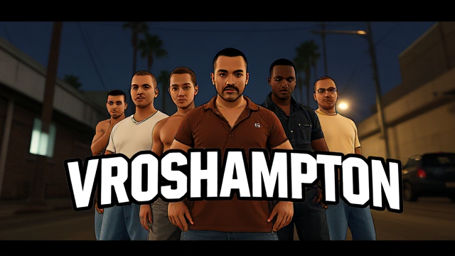 Design a poster in the iconic GTA San Andreas loading screen style, replacing the title with VROSHAMPTON in the exact GTA San Andreas font. Create bold, comic-style visuals with five characters reminiscent of those in GTA San Andreas. Position these characters subtly and slightly blurred in the background, ensuring the text VROSHAMPTON remains the focal point. Apply soft film grain and cinematic lighting to achieve realism akin to an 80s Panavision Panaflex camera. Set the scene with a Los Santos (Los Angeles) urban street vibe to capture the essence of a GTA San Andreas poster