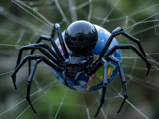 une araignee robot de métal noir avec tete humaine à la place de sa tete, elle aura des baskets aux pieds tissant sa toile autour du globe terrestre,  en allusion au Web. le globe sera en vue partielle et en gros plan