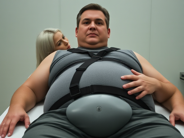 A middle age man of a strong, big build,  He has a serious expression. His body type is somewhat stocky, with a round and slightly protruding belly . He is wearing a sleeveless tight grey shirt and is wearing workpants, he is  laying flat on back on a table, his legs inside big capsule, his belly to big for capsule opening. A young smaller woman, with silver-white hair, has an intense and piercing  expression as she stands behind the man to his left shoulder of the table and touches the mans belly and kisses his lips, The man looks over his left shoulder to see her,  but his expression serious. This scene suggests a moment of tension or confrontation between the two characters.
The grey  "hump" under the man's chin is the man’s round belly, as the angle of the shot is of the man layin DOWN FLAT ON BACK,  harnessed in,strap going around round belly, arms still at the man’s sides.  and the camera is facing up from right under his round belly, camera angle adds to this effect