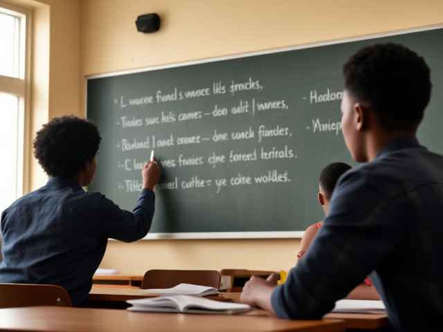 Élèves afro-américains écrivant au tableau des phrases en français dans une salle de classe, ambiance studieuse et chaleureuse, tableau noir avec écriture visible, lumière naturelle entrant par la fenêtre