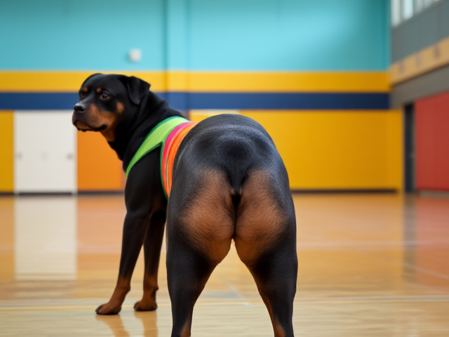 Anthropomorphic Rottweiler wearing a colorful gymnastics leotard, emphasizing its strong hips, in a vibrant gymnasium setting