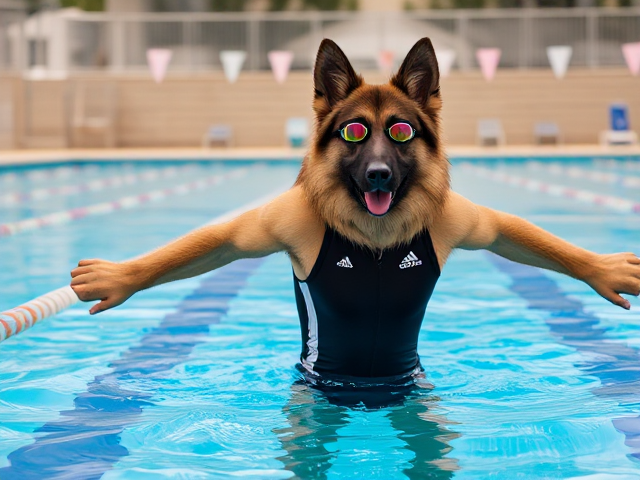 A tall anthropomorphic long haired German shepherd wearing an adidas swimsuit and swimming goggles stretching before a swim