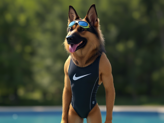 A anthropomorphic long haired German shepherd with a long torso and short legs, wearing a Nike one piece swimsuit and swimming goggles