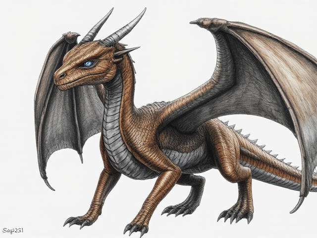 Female dragon with leather brown scales and dark midnight-black wings; obsidian black underbelly and dark brown clawed feet. She has a deep, jagged scar crossing the left side of her face from her eye down to her nose, alongside small yet numerous battle marks and scratches. Her eyes are ice blue. Narrow, beautiful face and an elegantly long neck. Has ears like a horse. Powerfully and dominantly built with taut muscles under her scales. She moves purposefully and proudly; has an expression of hope in her face