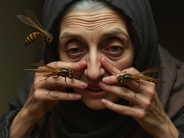Wasps robbing an old woman.