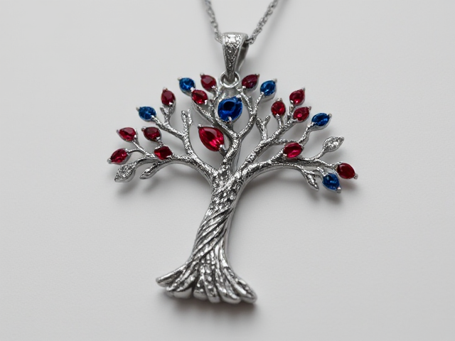silver tree pendant necklace, intricately crafted with exquisite detail, vibrant red painite gemstones and shimmering blue sapphires forming the wood, dazzling diamonds set elegantly as leaves, sophisticated design, soft ambient lighting highlighting craftsmanship, macro focus capturing every facet and sparkle, elegant branches extending gracefully from the trunk, sparkling light reflections on polished metal