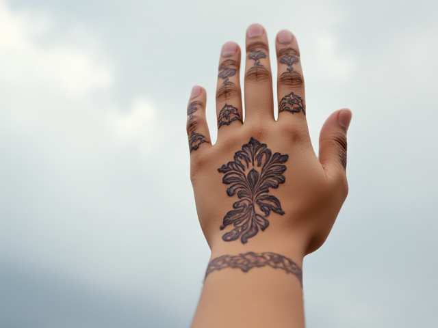 Henna on an Indian woman's hand, background sky
