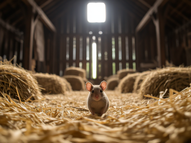 Mouse in a rustic barn, surrounded by hay bales and wooden beams, with sunlight filtering through cracks in the walls, detailed textures