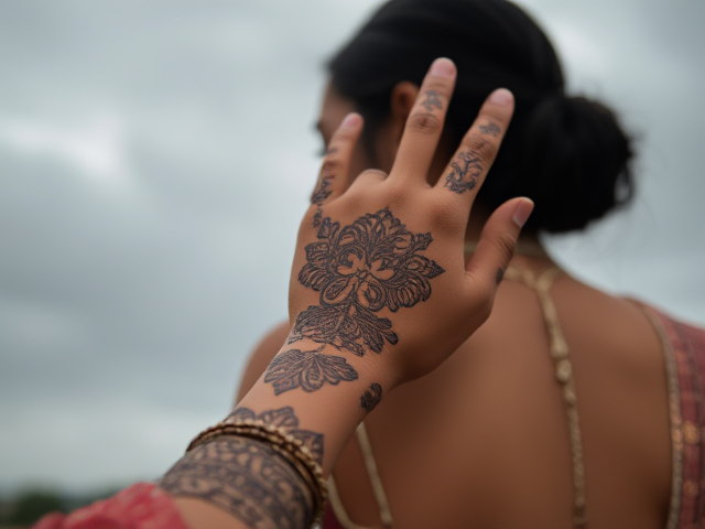 Henna on an Indian woman's hand, background her lap