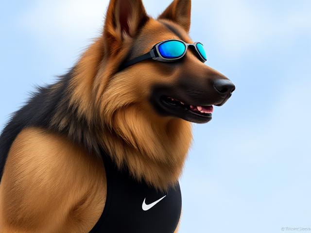 A tall anthropomorphic long haired German shepherd with a long torso and broad shoulders wearing a Nike high cut one piece swimsuit and swimming goggles