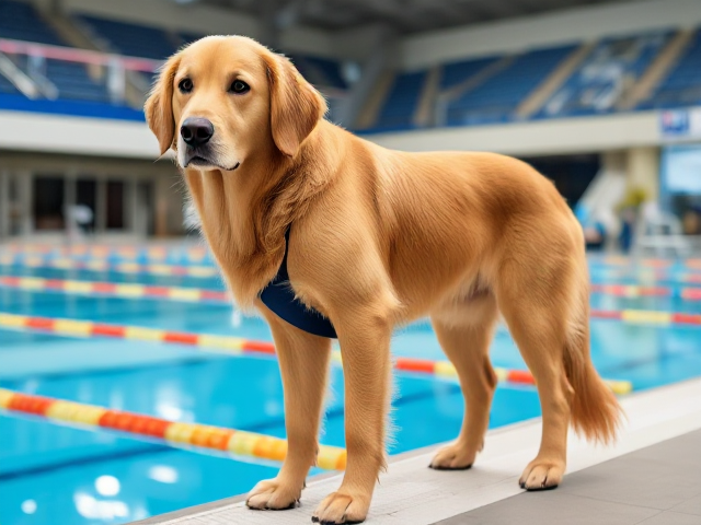 Anthropomorphic golden retriever with pronounced hips, wearing a stylish swimsuit, standing confidently by an Olympic swimming pool, ultra-detailed and vibrant colors, realistic lighting and reflections