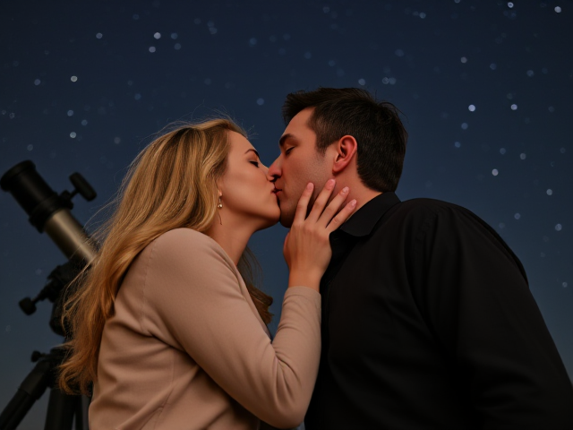 Show an image of a blonde 40 year old woman passionately kissing a taller man beside a telescope with stars overhead. The man is 63 with dark hair and is clean shaven