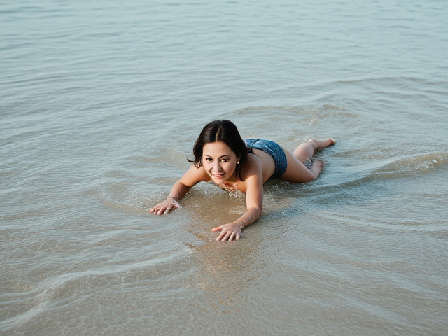 Woman crawling out of beach water