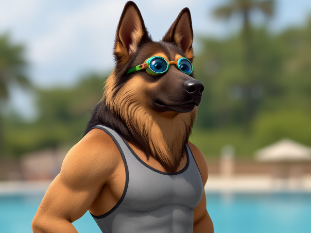 A anthropomorphic long-haired German shepherd with a long torso and broad shoulders wearing a one-piece swimsuit and swimming goggles