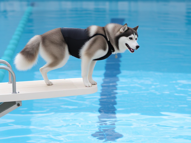 Anthropomorphic Siberian husky in a sleek sports swimsuit, poised gracefully on a springboard, preparing to dive into the clear swimming pool below, with splashes and reflections visible in the water