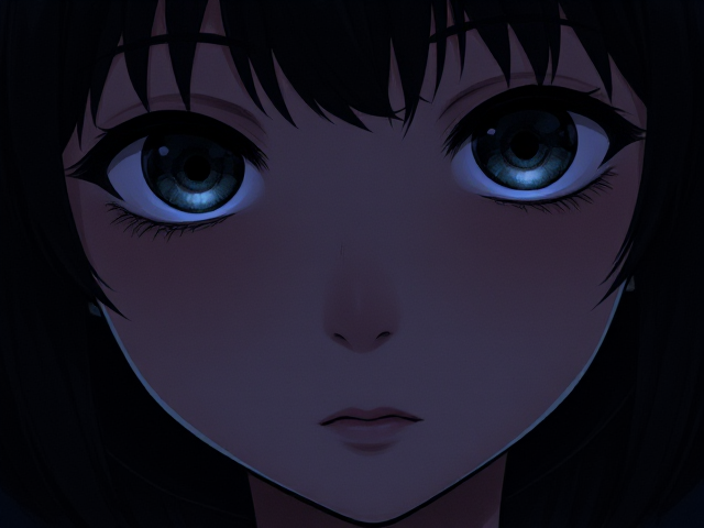 A close-up manga-style portrait, hand-painted with a watercolor or traditional painting feel — slightly imperfect brushstrokes and organic textures. The character is in a dimly lit environment, almost in the dark, which enhances a striking and surreal visual effect: both cheekbones — the entire upper part of the cheeks, not just under the eyes — are softly glowing from within, as if lit by a gentle internal light source beneath the skin. This internal light subtly shines through the skin, creating a luminous, semi-translucent effect across the high cheeks. The skin appears slightly radiant and illuminated from the inside, like a soft, warm bioluminescent glow. The glow is clearly visible in the dark, emphasizing the supernatural or ethereal aspect. The light doesn’t cast strong shadows, but gently diffuses outward through the skin, like glowing embers or internal starlight, giving the face a calm and magical presence.