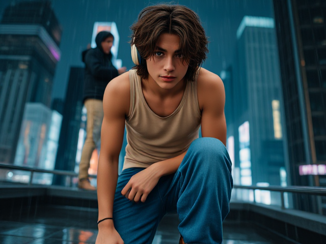 Sceencap of a Maori, European, 18 year old male, fit bodytyoe, with greyish blue eyes, mid-length shaggy layered curly hair, with curly brown fringe covering forehead, silver eyebrow piercing, silver earring on left ear, slightly visible mustache  wearing a beige tank top, blue baggy jeans, and brown leather boots., with beige headphones on wide angle, full body portrait, hiding from killer