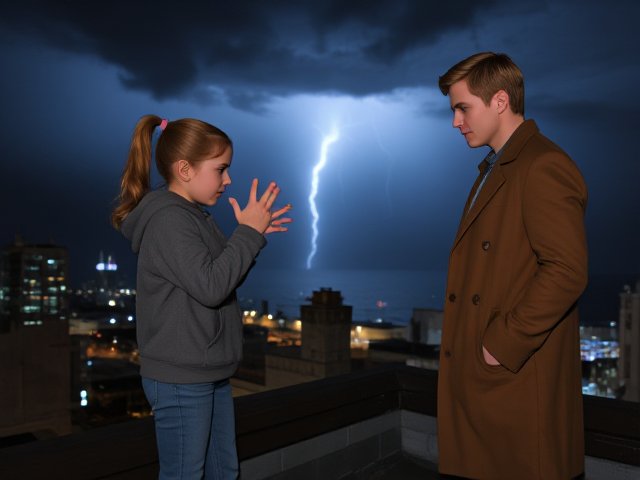 A petite 13-year-old girl with strawberry blonde hair in a ponytail, wearing a hooded pullover and jeans, is standing on the roof ledge of a night club. Next to her on the roof, standing nearby is a modern-day, pale skinned vampire in his late twenties, with blonde hair, dressed in a brown trench coat and jeans. He appears uneasy as he looks at her, holding his hands out and palms up, taking a step back. The girl gestures angrily at him with her hands, flailing her arms and scowling angrily at him in frustration. A thunderstorm approaches the cityscape from the sea shore. Set at night. The girl has a cut in her forehead.