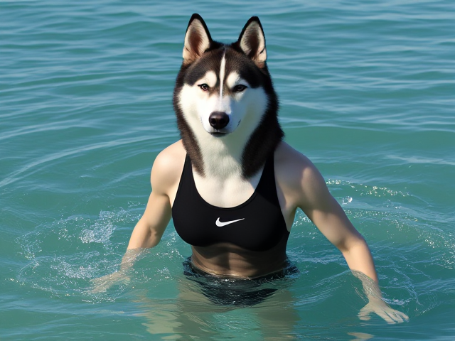 A tall anthropomorphic Siberian husky with a long torso and broad shoulders, wearing a high cut Nike one piece swimsuit while swimming in the ocean