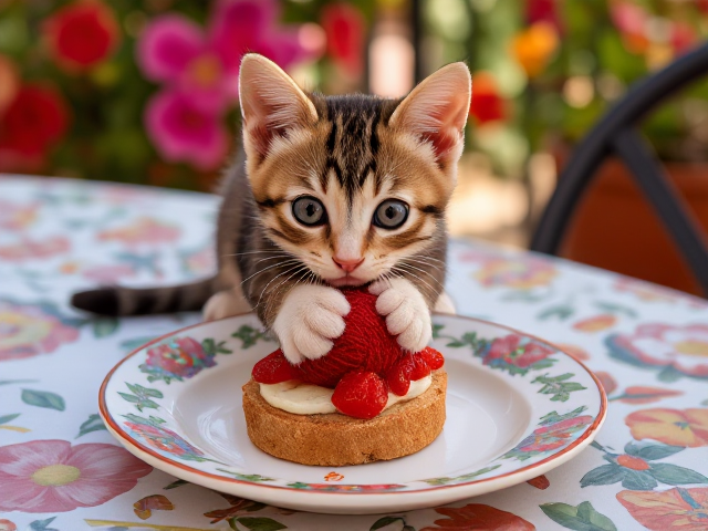 3 Colorful, floral ceramic plate with una bruschetta pomodorro e mozzarella. Location: Terrace in Sicily. A kitten plays with a ball of wool on the table near of plate.