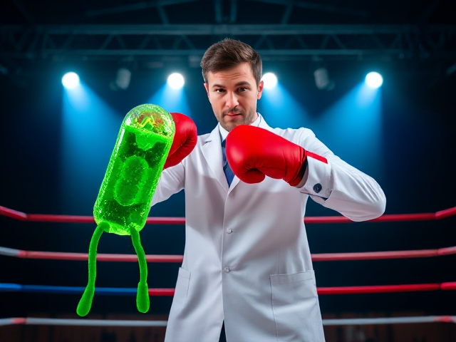 In a vibrant boxing ring illuminated by bright spotlights, a confident scientist stands in a boxing stance, wearing a crisp lab coat. His boxing gloves are uniquely designed to resemble antibiotic capsules or pills, symbolizing their medicinal properties. The scientist is mid-punch, directing his antibiotic-shaped glove toward a green, rod-shaped Gram-negative bacteria, which resembles vibrio. The bacteria displays visible effects from the punch, including details of its two chromosomes and plasmid DNA clearly outlined within its transparent body. The bacteria should have legs and arms that is standing. illuminate only one cell of bacteria fighting with a scientis