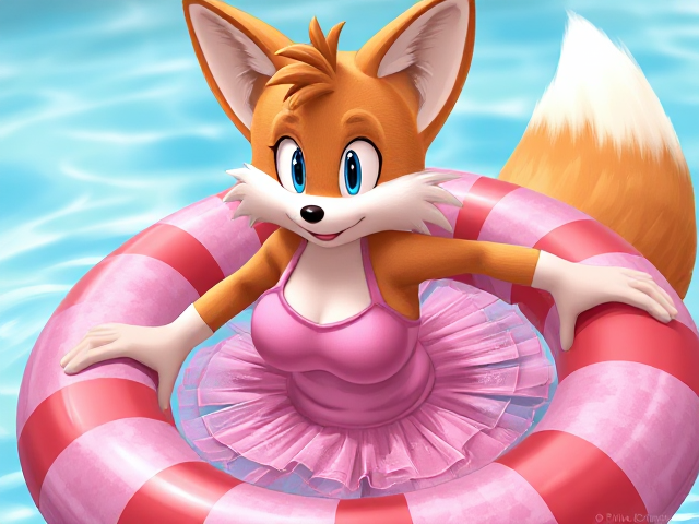 Tails the Fox wearing a pink tutu swimming costume and a red and pink stripped rubber swim ring SEGA