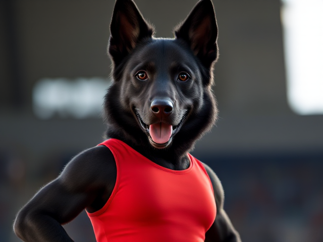 A anthropomorphic black German shepherd Olympic gymnast wearing a leotard