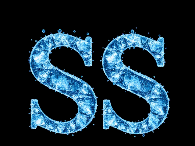 Double SS logo designed as a wallpaper, adorned with ice particles and water droplets, each S having a light blue shiny diamond ice texture, looking slippery and wet
