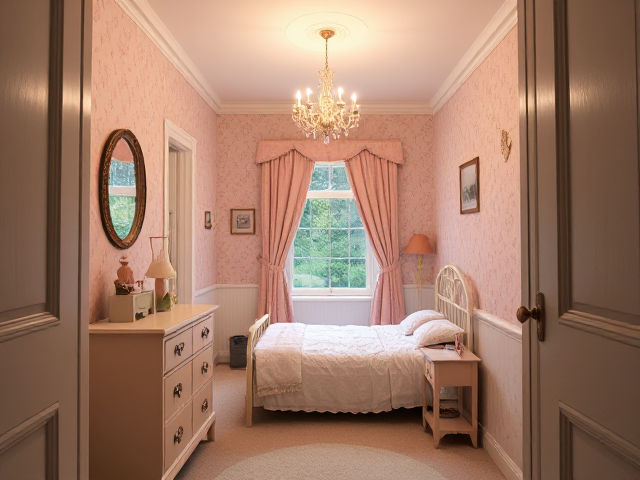 a tiny cramped closet room. a victorian cottage a feminine little girly bedroom in a cottage with a single bed and a small dresser. pale pink wallpaper. A small chandelier hung from the ceiling. a view of the garden. low ceiling.